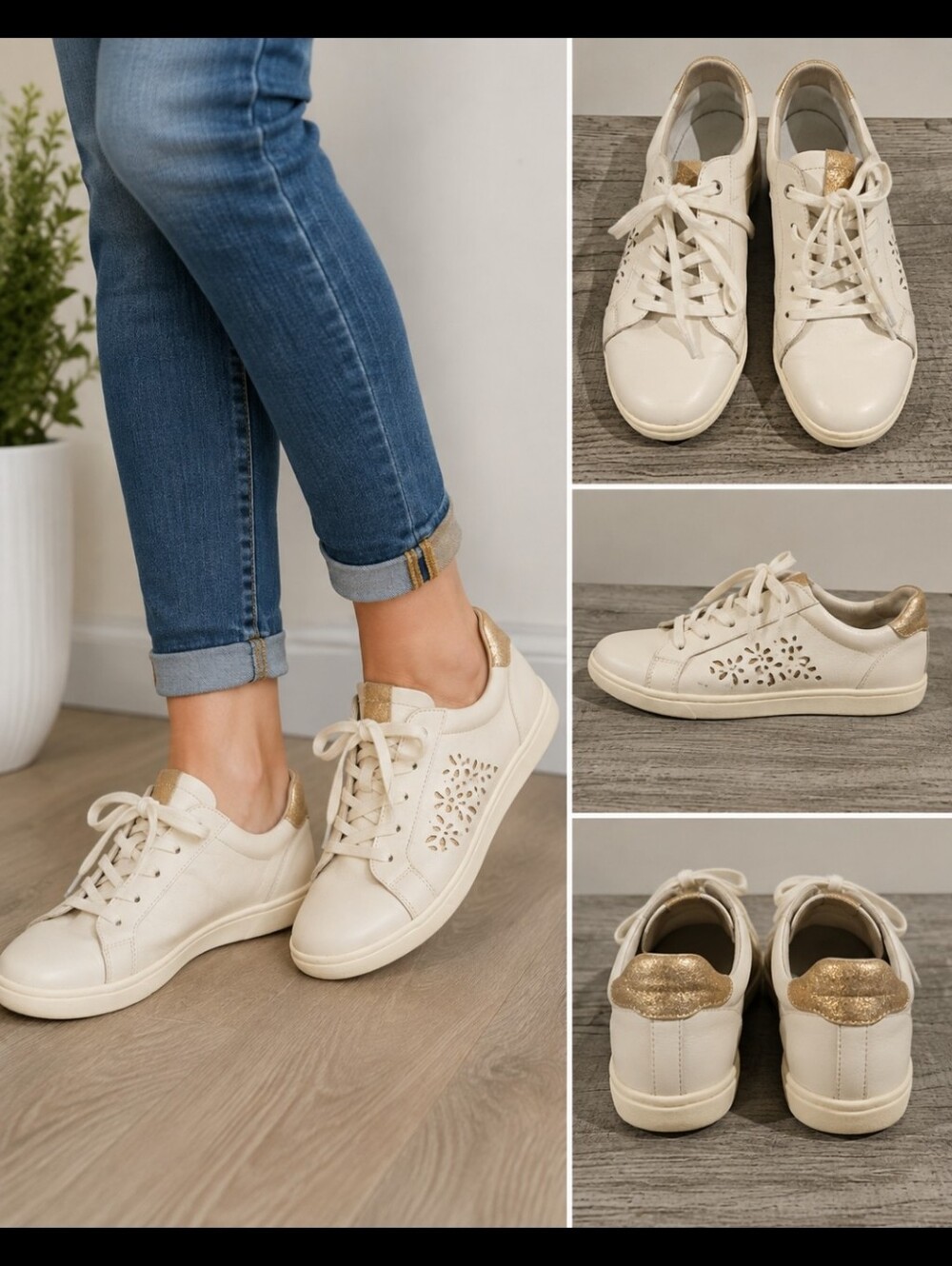 Women's Cream Lace-Up Casual Flats with Gold Accent